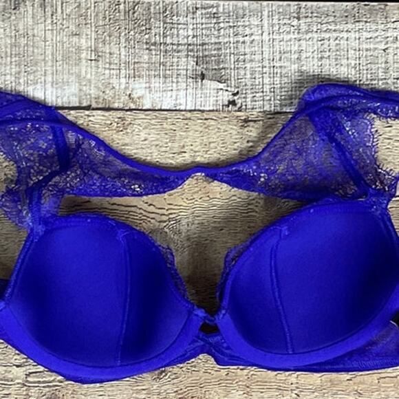 Victoria's Secret Very Sexy Lined Demi Lace Bra High Neck Cobalt Blue Size 34B - Picture 6 of 9